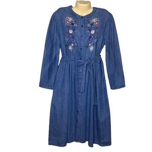 Vintage Dress Womens XL Blue Denim Midi Button Long Sleeve Embroidered Floral